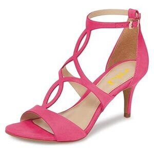 FSJ Pink Strappy T‑Bar Mid Heel Sandals